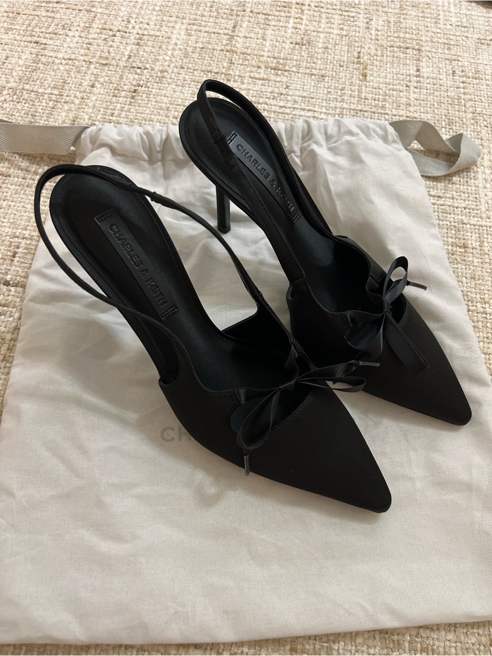 Charles & Keith Black Pointed Slingback Pumps with Bow